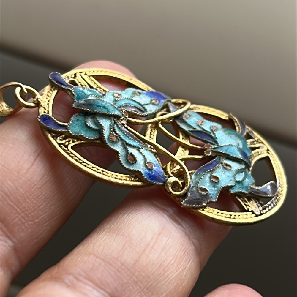 🖤Antique Chinese Butterfly 🦋 cloisonné pendant - Picture 2 of 10